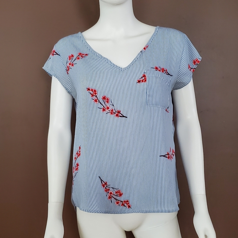 Pink rose medium stripe and floral blouse